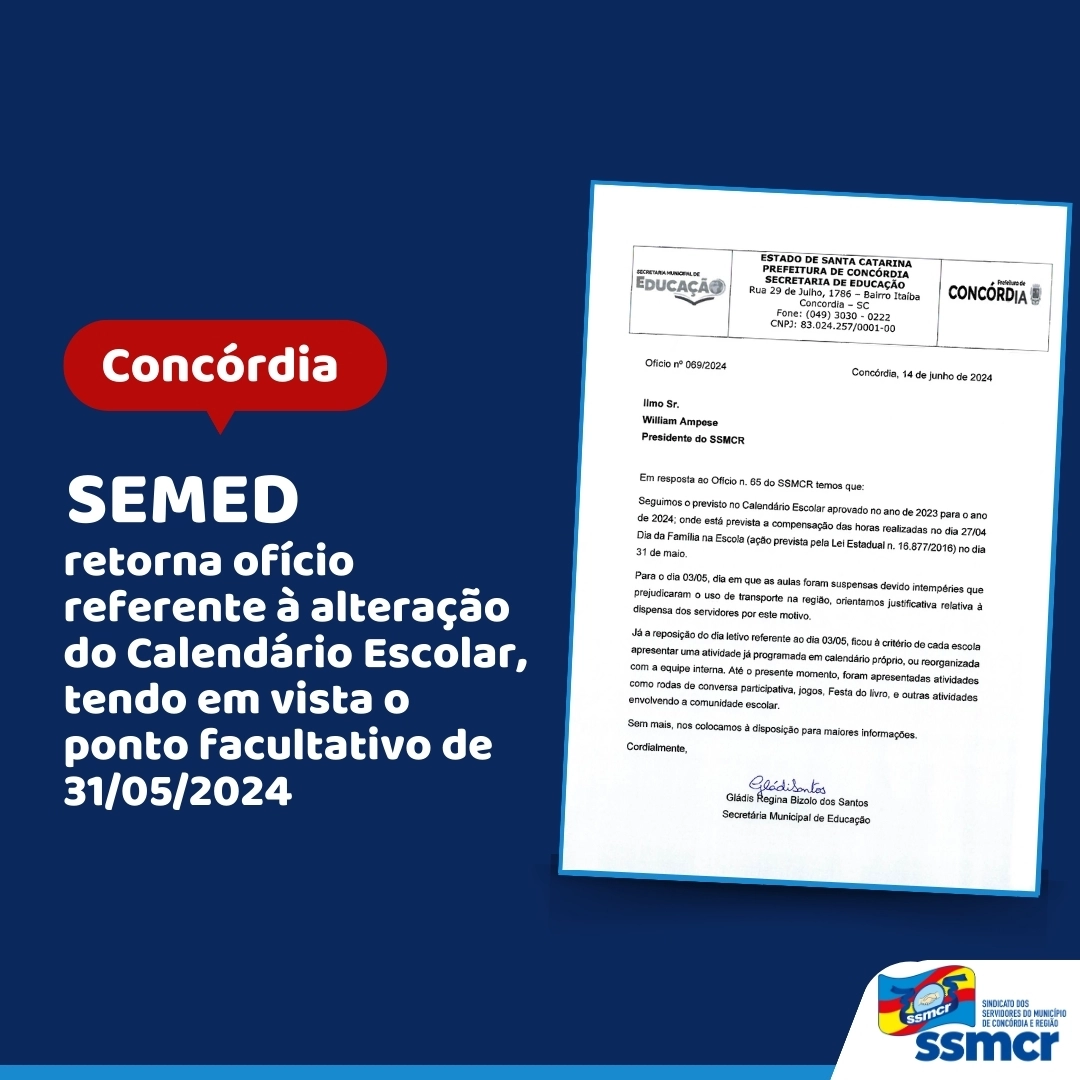 SEMED retorna ofício referente à alteração do Calendário Escolar, tendo em vista o ponto facultativo de 31/05/2024 📃