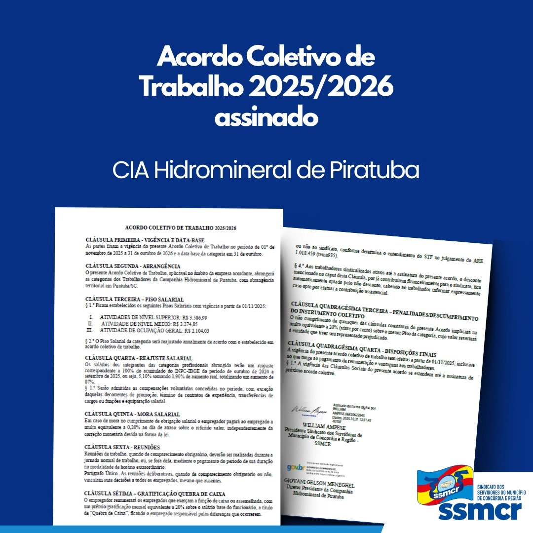 📢 ACORDO COLETIVO DA CIA HIDROMINERAL DE PIRATUBA ASSINADO!