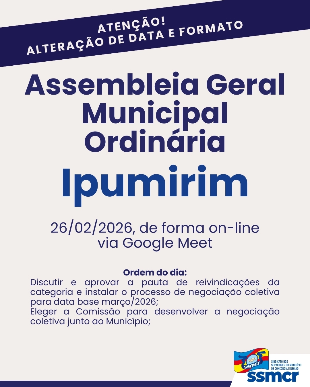 📢 ATENÇÃO! MUDANÇA DE DATA E FORMATO - ASSEMBLEIA ORDINÁR...